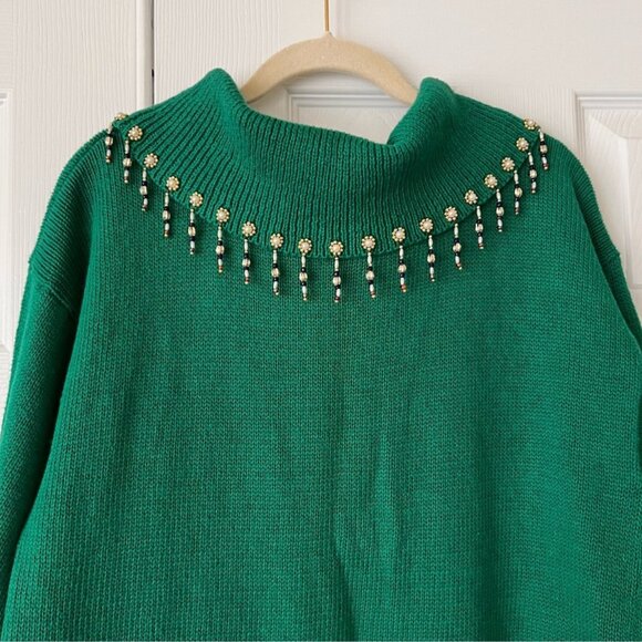 Quirky Vintage beaded turtleneck teacher knit sweater embroidery pearls Medium - Picture 9 of 16